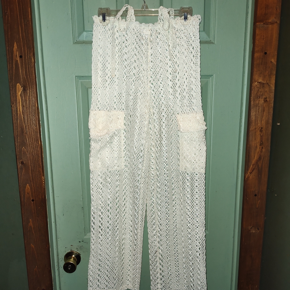 Cream Crochet Beach Low Rise Waist Pants With Sexy Hip Ties